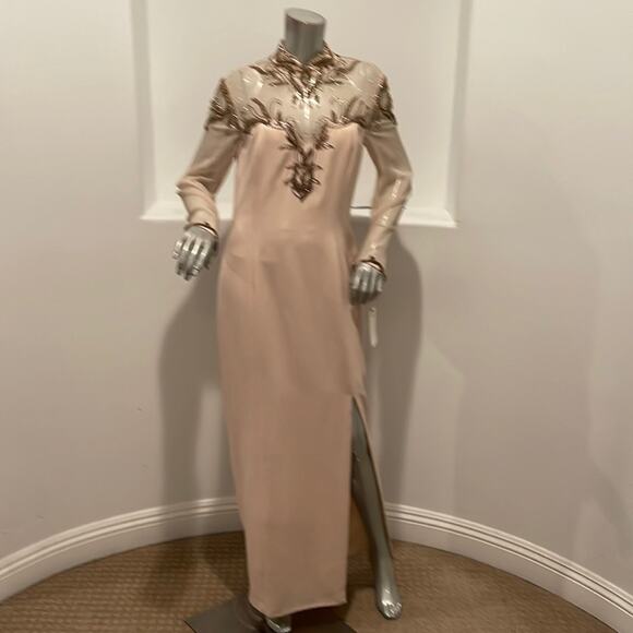 Bella Diosa Collection Vintage 90'S Maxi Dress Beige Beaded Sheer Accent Size 12 - Picture 14 of 16